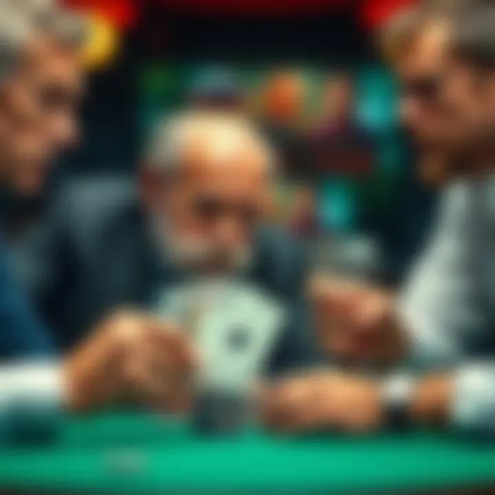 A tense poker game with an older man making a bold move, revealing strong cards while a younger player looks on in surprise.