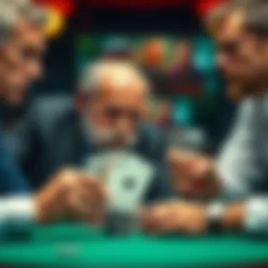 Poker showdown between old man and player A tense poker game with an older man making a bold move, revealing strong cards while a younger player looks on in surprise.