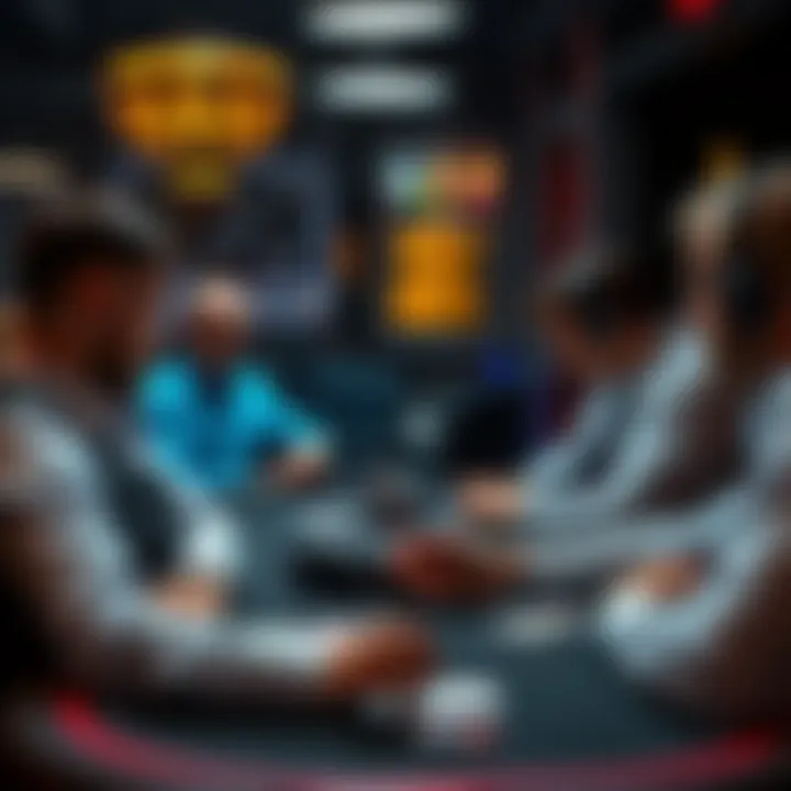 A poker table with players analyzing their hands, focusing on betting strategy to maximize winnings.
