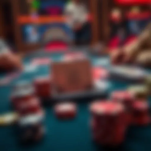 A poker table showing a player using a card protector that has a range chart printed on it, surrounded by poker chips and cards.