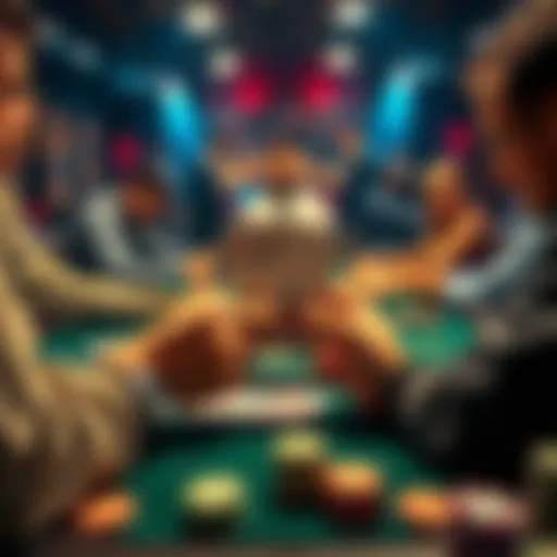 A live poker table with players sitting around, focusing on a player holding AKs and looking at their cards while other players are betting aggressively.