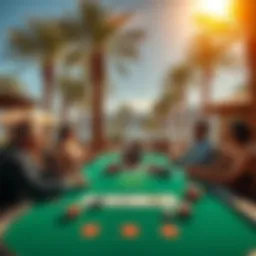 A vibrant outdoor poker table surrounded by palm trees and sunshine, showcasing players engaged in a game of poker.