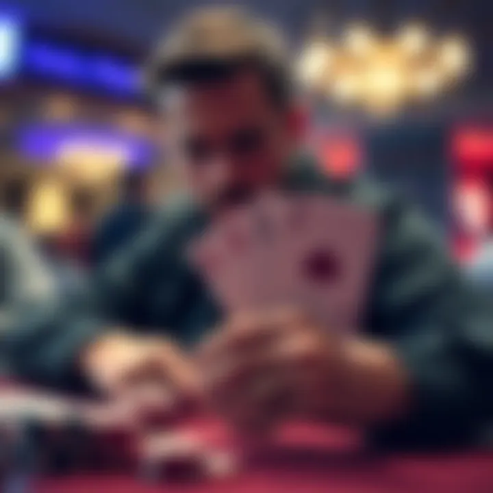 A person contemplating their next move in a poker tournament, holding AJ suited cards while considering an all-in from a short stack.