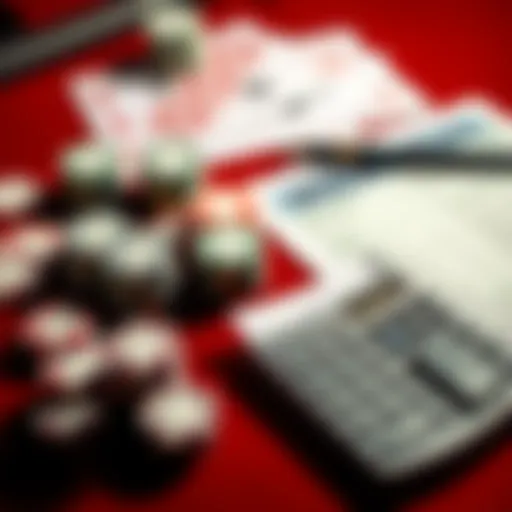 A poker table with chips and cards, alongside tax forms and a calculator, representing tax implications for non-residents at WSOP.