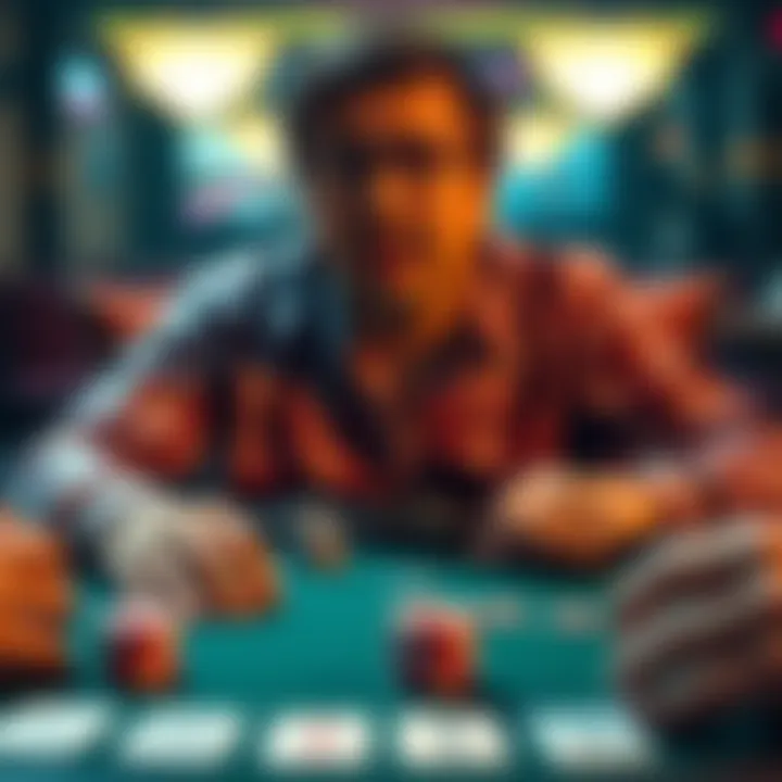 A tired person sitting at a poker table with chips, looking focused yet drained after a long workday.