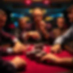 A confident poker player pushes all their chips to the center of the table, signaling an all-in bluff during a tense game with opponents watching intently.