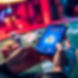 Person holding a smartphone displaying a poker app with chips and cards on the table
