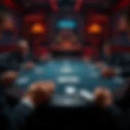 Poker table with black suits cards A poker table showing several players holding black suit cards and a black flop in the center