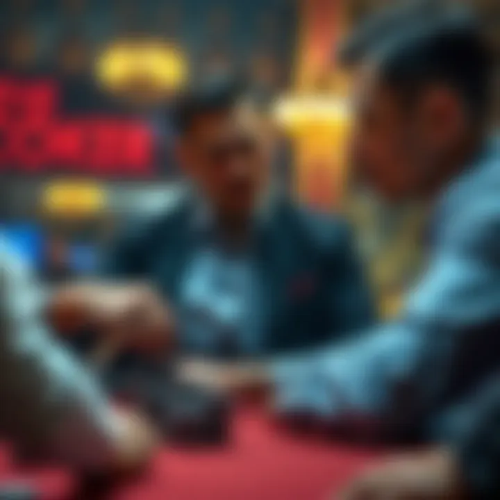 A poker player confidently pushing chips into the pot while looking at their opponent, who appears concerned.