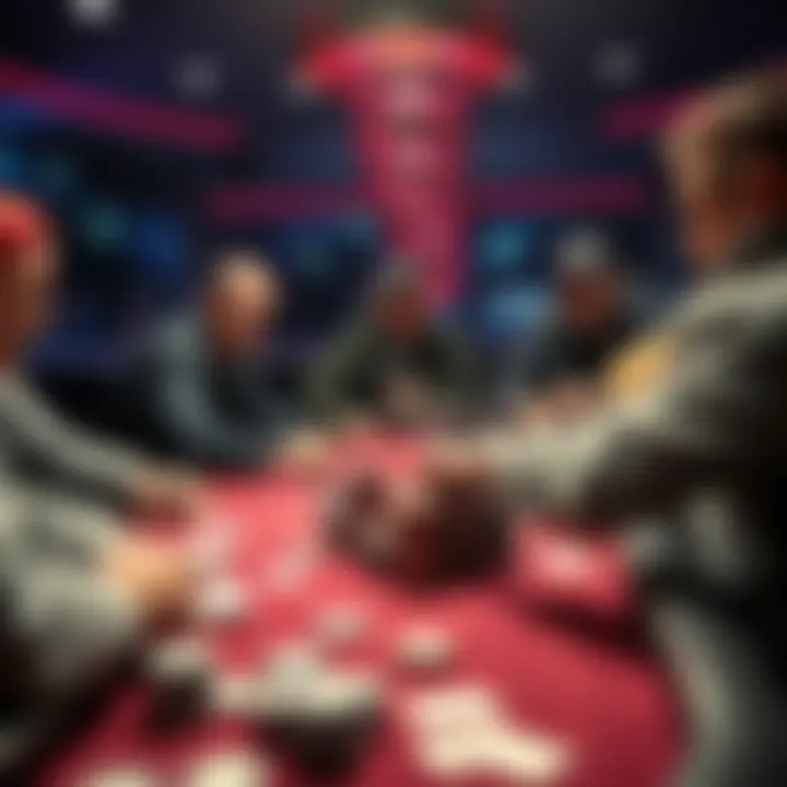 Poker players engaging in a bomb pot A group of poker players at a table, surrounded by stacks of chips and cards during a bomb pot game