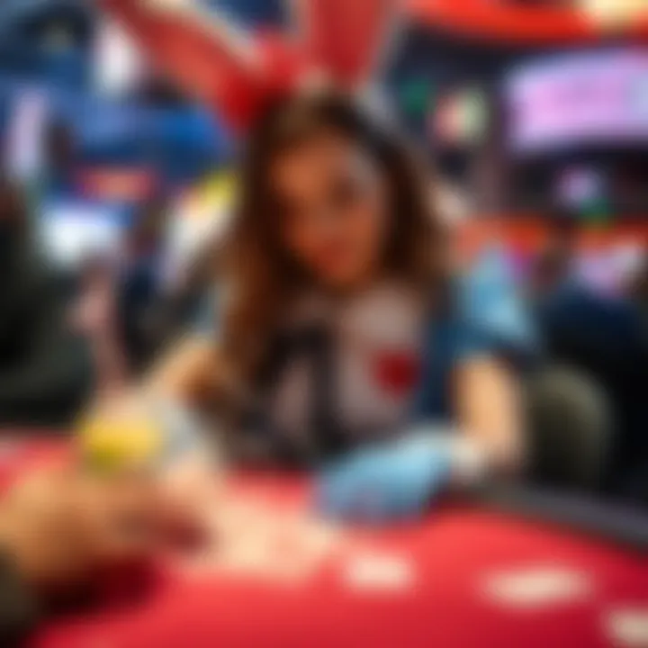 A woman, dressed as Poker Bunny, spills a drink at a poker table during the Ladies WSOP event, creating a chaotic moment.