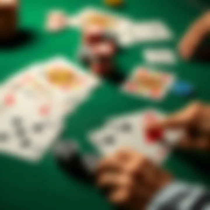 Poker Cards on a Table A close-up of poker cards laid out on a green table, with chips and hands of players visible, illustrating rules of hand cards and split pots in poker.
