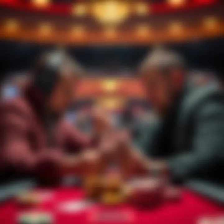 Two poker players looking at their cards and discussing strategies after a check-raise on a low flop