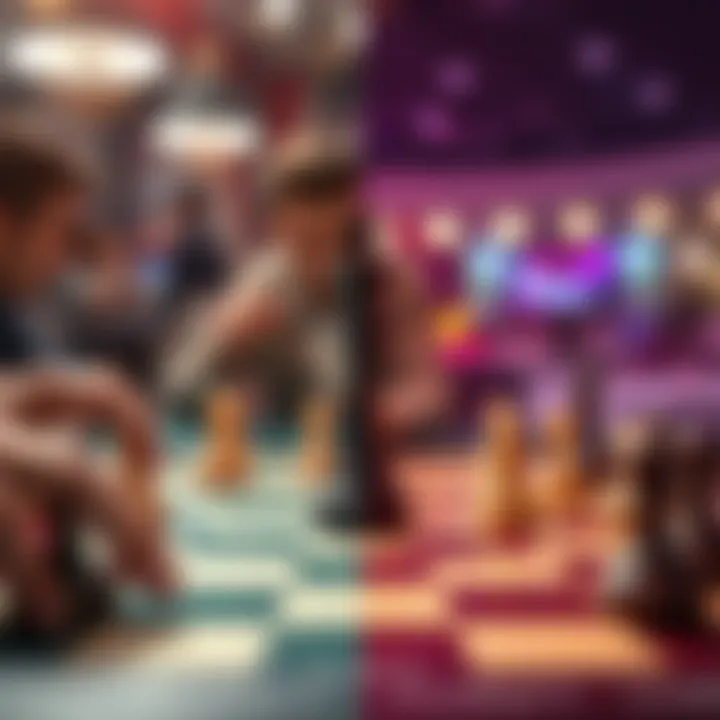 A split image showing a poker table with players and cards on one side, and a chessboard with pieces on the other side, illustrating the comparison of accuracy in both games.