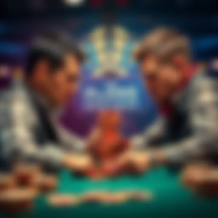 Two intense poker players compete with chips stacked high as they strategize their moves in a crucial tournament round