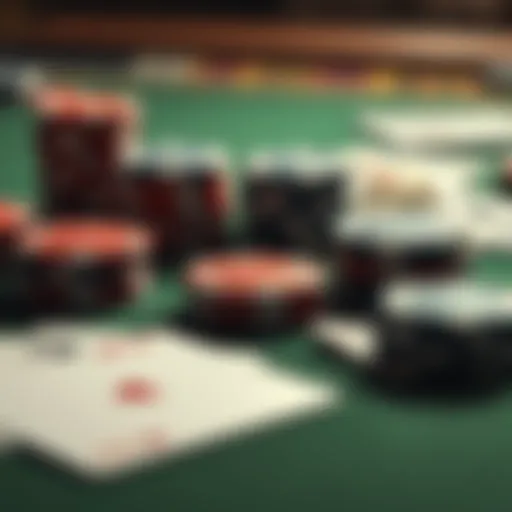 Poker chips and cards on a table A close-up view of poker chips and playing cards on a table, showcasing a card game in progress without any money involved.