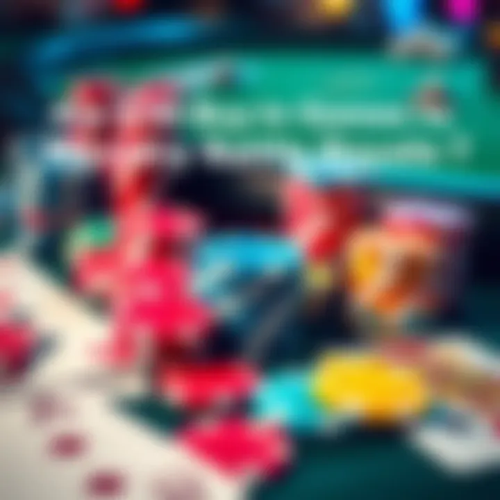 Colorful poker chips and playing cards laid out on a table, representing a poker game atmosphere