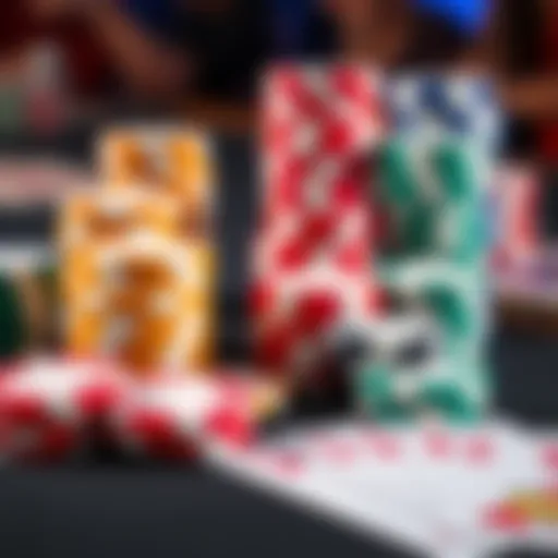 A close-up of colorful poker chips and playing cards on a table, representing an online poker game