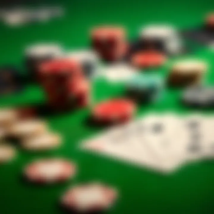 A close-up of poker chips and playing cards laid out on a green felt table, representing a live poker game