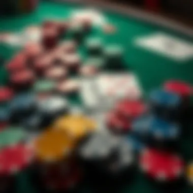 A colorful array of poker chips and playing cards spread out on a table, ready for a game of Texas Hold'em.