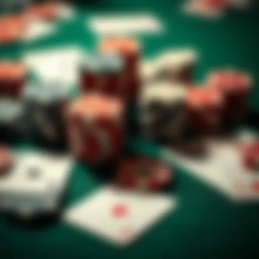 A close-up of poker chips and cards on a green table, showing a tense moment in a game where players are considering their strategies, including bluffs and aggressiveness.