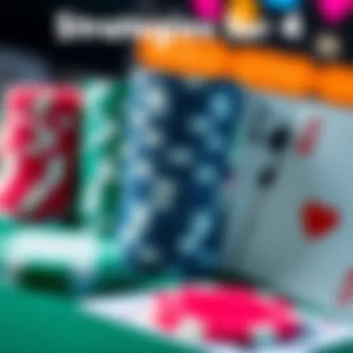 A close-up of poker chips stacked alongside playing cards on a table, representing strategies in online poker betting.