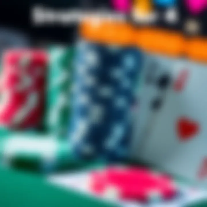 A close-up of poker chips stacked alongside playing cards on a table, representing strategies in online poker betting.