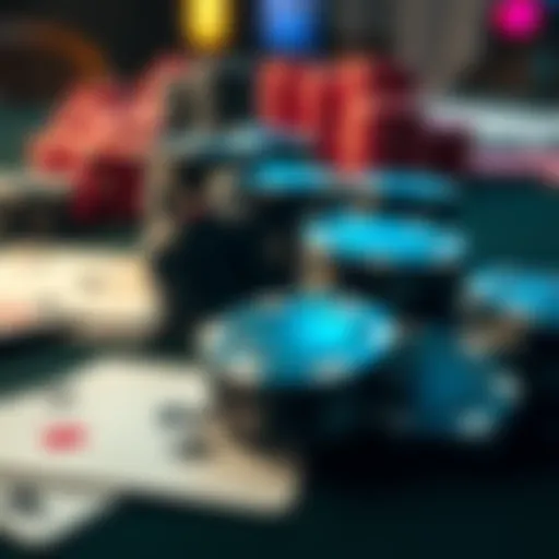 A close-up of poker chips and cards on a table, showcasing a betting scenario in a game of poker.