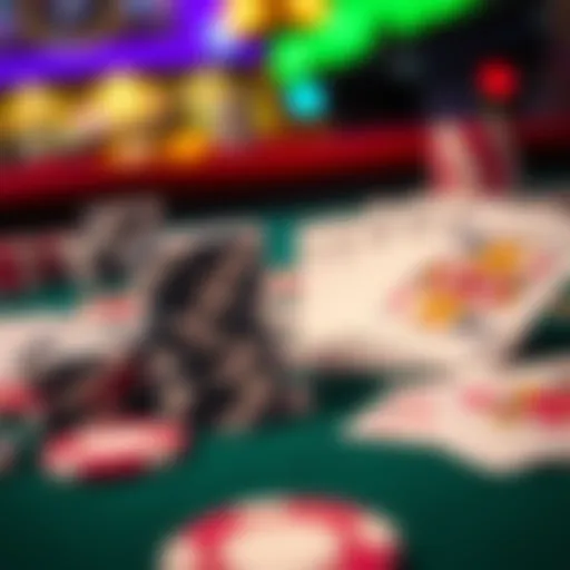 A close-up of poker chips and playing cards on a casino table, illustrating the gaming action in Portland casinos