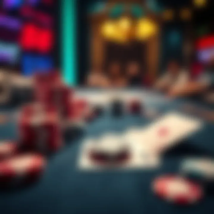 A poker table showing chips and playing cards, illustrating a tense moment in a tournament