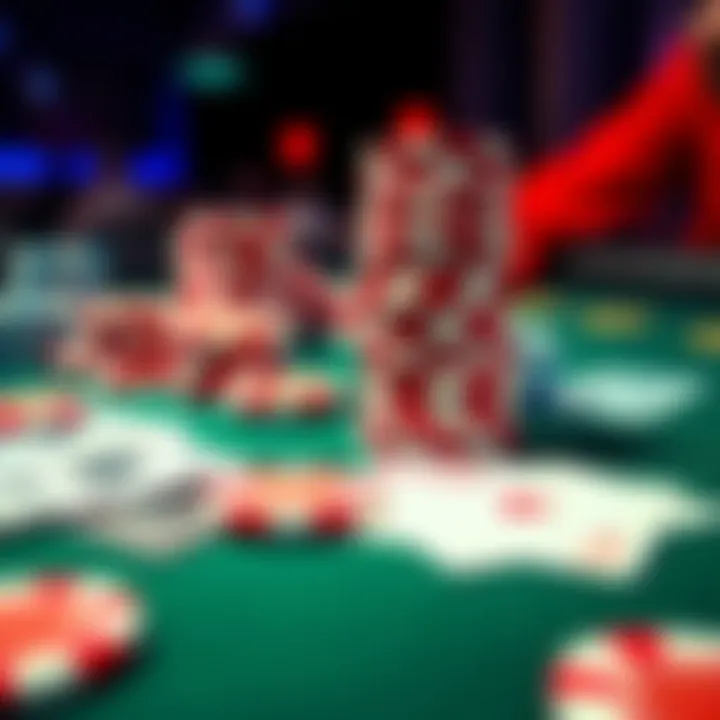 Poker Chips and Cards A close-up of poker chips and playing cards on a table, illustrating a tense poker game with a focus on a large stack of chips, representing a big bounty in play.