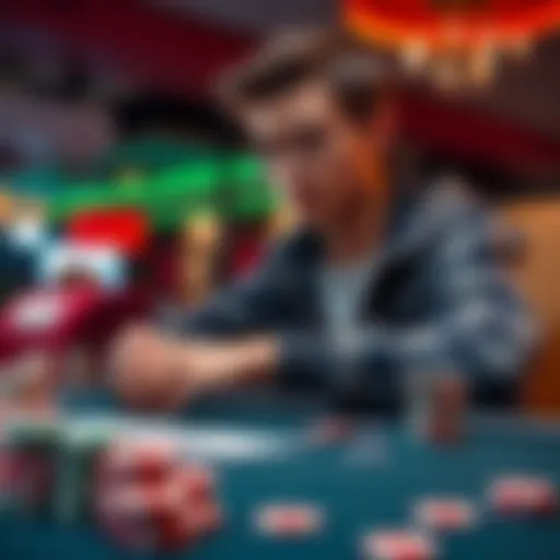 A college student playing poker with chips and cards on a table, contemplating his next move between cash games and tournaments.
