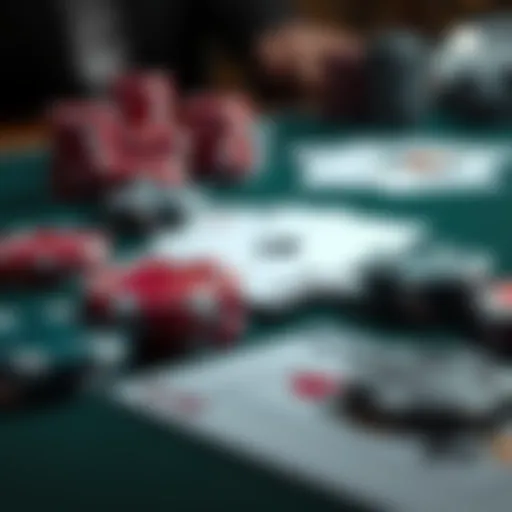 A close-up view of poker chips and playing cards on a table, illustrating a poker game in progress