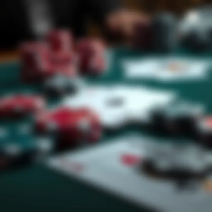 Poker Chips and Cards on a Table A close-up view of poker chips and playing cards on a table, illustrating a poker game in progress