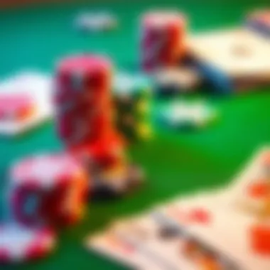 A close-up of poker chips and playing cards on a green table, illustrating the excitement of poker games