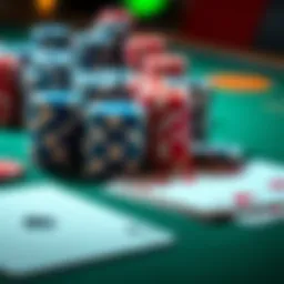 Poker chips and cards on a table A close-up view of poker chips and playing cards arranged on a table, showing a beginner's poker setup.
