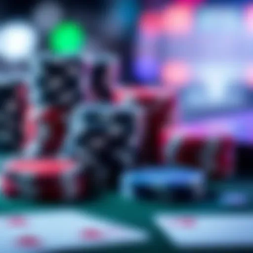 A close-up of poker chips and playing cards on a table, representing online poker games