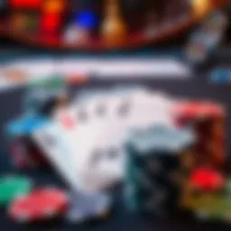 Close-up of poker chips and playing cards on a table, representing online poker games