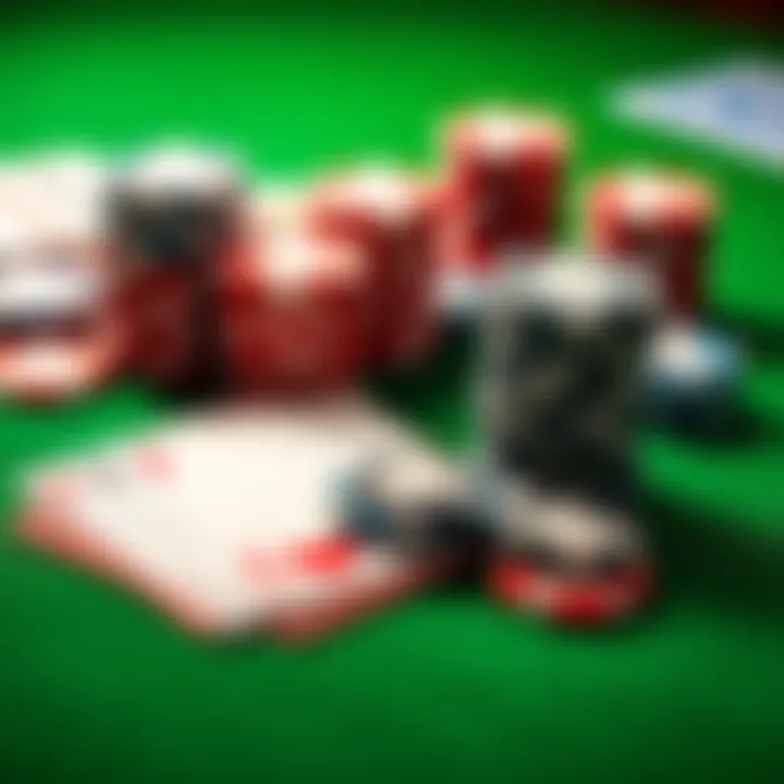 Poker chips and cards on a table Close-up of poker chips stacked and playing cards laid out on a green table surface
