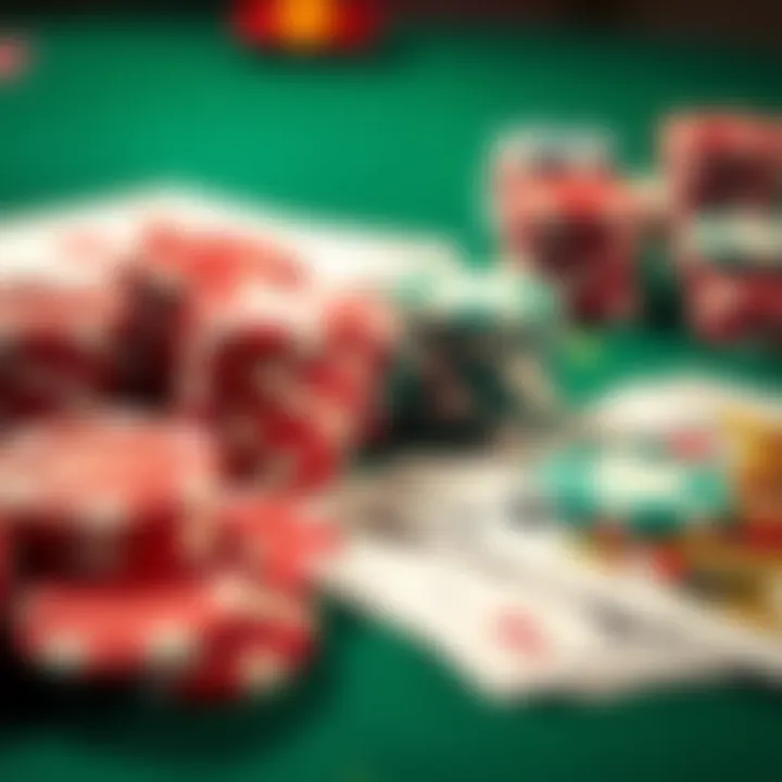 A close-up of poker chips and playing cards spread out on a table, representing online poker games in Canada.
