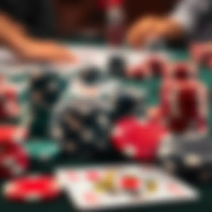 A close-up of poker chips and playing cards during a tournament, highlighting tense decision-making moments.