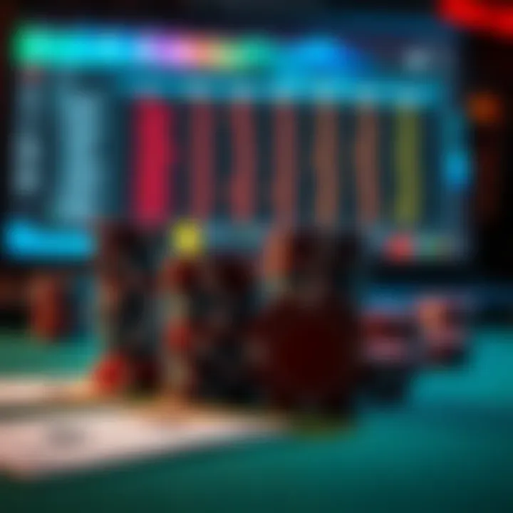 A scene showing poker chips and playing cards on a table with a blurred computer screen in the background, representing online poker gaming.