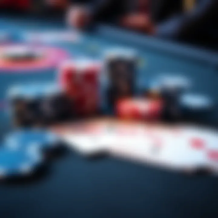 Close-up of a poker table featuring stacks of chips and playing cards, representing a game of 5/5 NL Hold’em