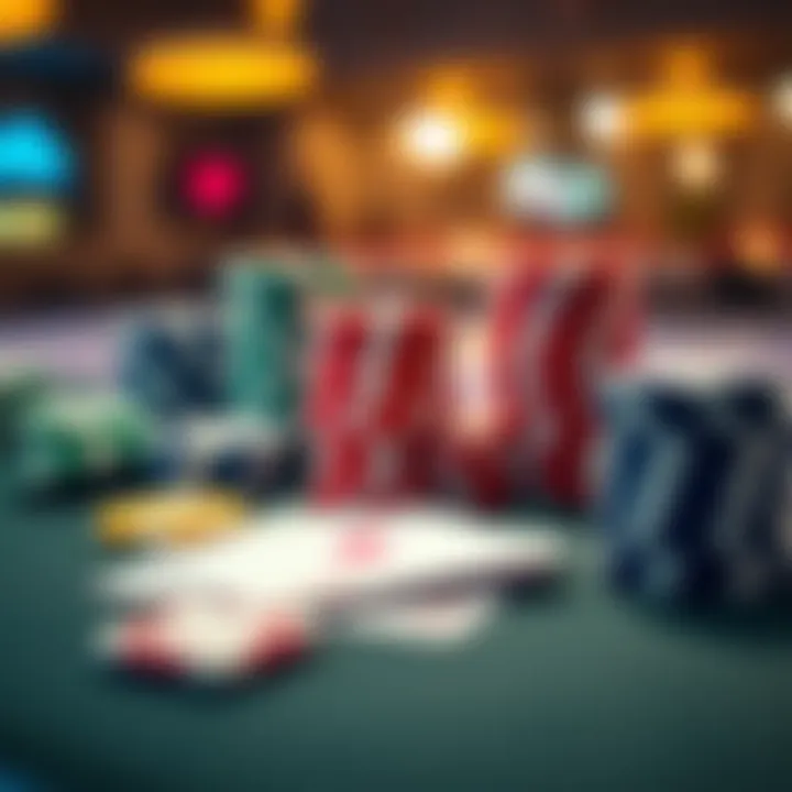 Close-up of poker chips and playing cards arranged on a table, showcasing a strategic betting setup.