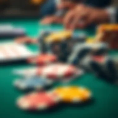 A close-up of poker chips and playing cards on a table, showing a tense moment in a tournament game.
