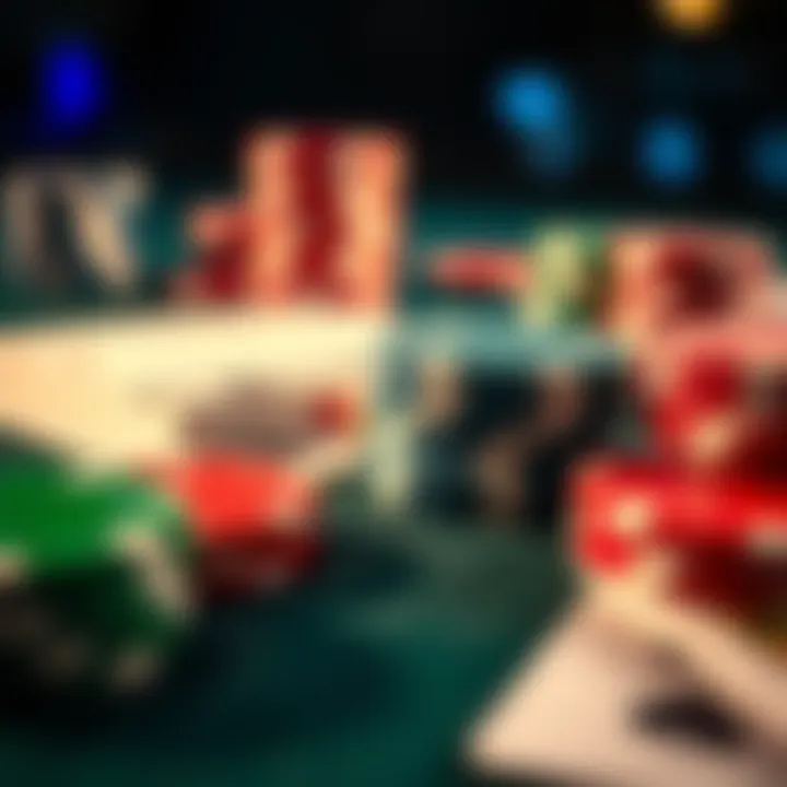 A close-up view of poker chips and playing cards on a table, representing a poker game setup.