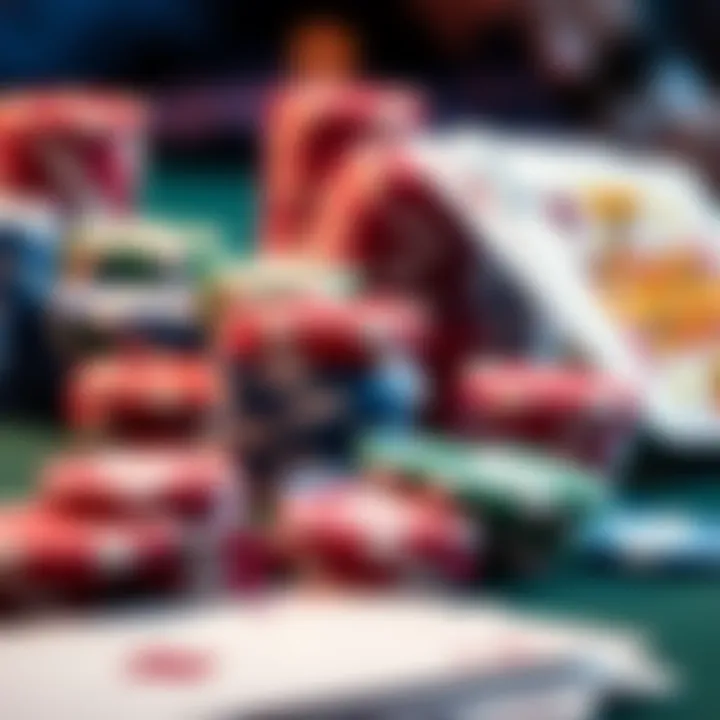 A close-up of poker chips and playing cards on a table, symbolizing strategy and decision-making in poker games.