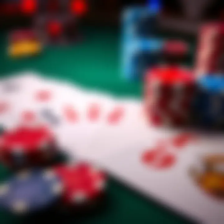 Close-up of poker chips and playing cards showing K, T, and 6 on the table