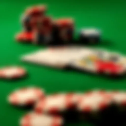 A close-up of poker chips and playing cards arranged on a green felt table, symbolizing online poker gameplay and bankroll building.