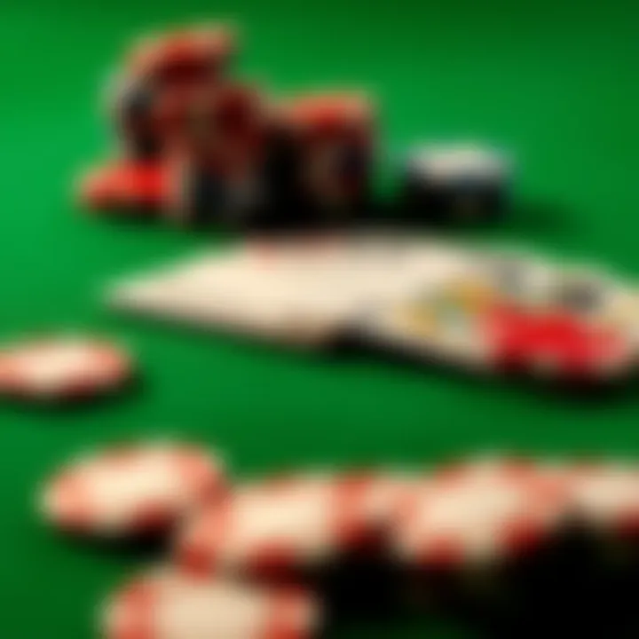 Poker Chips and Cards on a Table A close-up of poker chips and playing cards arranged on a green felt table, symbolizing online poker gameplay and bankroll building.